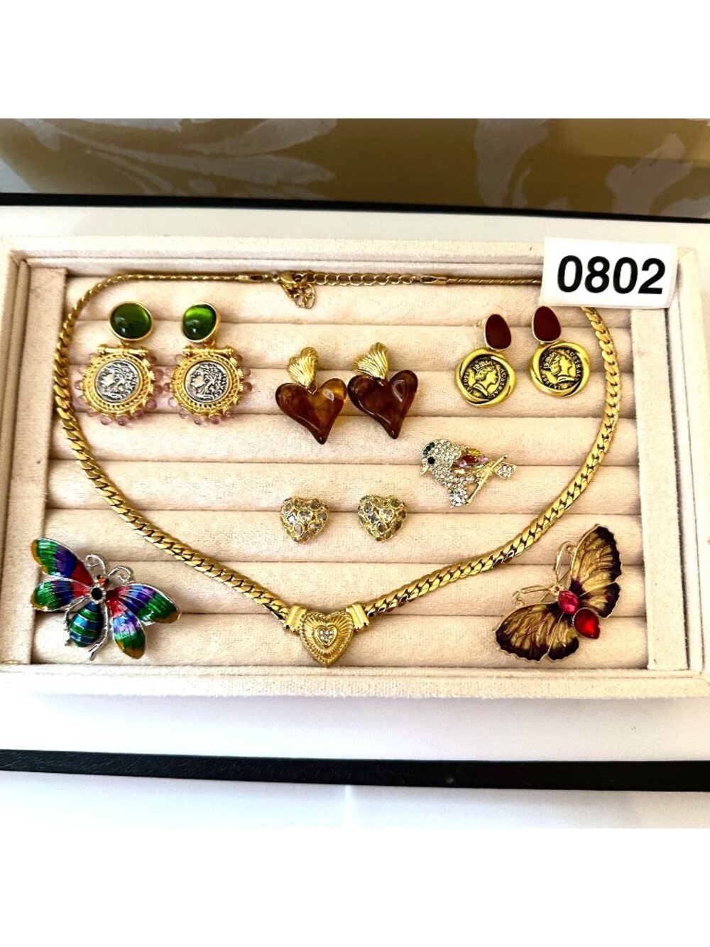 Costume Jewelry Lot Necklaces Pierced Earrings Brooches Bugs Coins Heart Bird